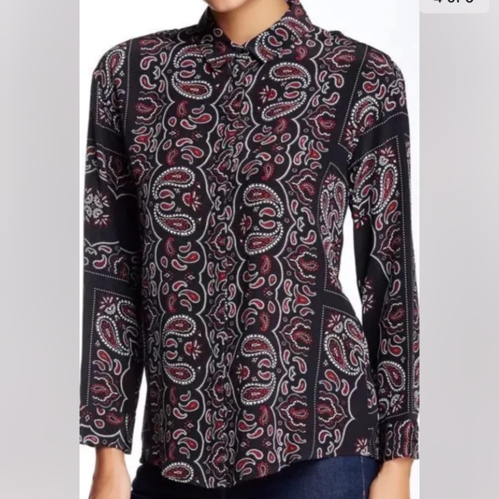 Sandro Cashemire Silk Print Blouse with Cut Out Back EUC